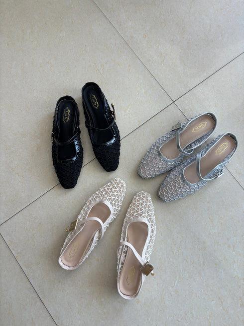 Lace Gauze Slip On Mules
